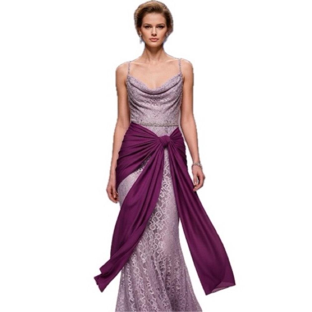 Purple Sequin Lace Beaded African Maxi Dress Sash Train Occasions PTP 15 Inch